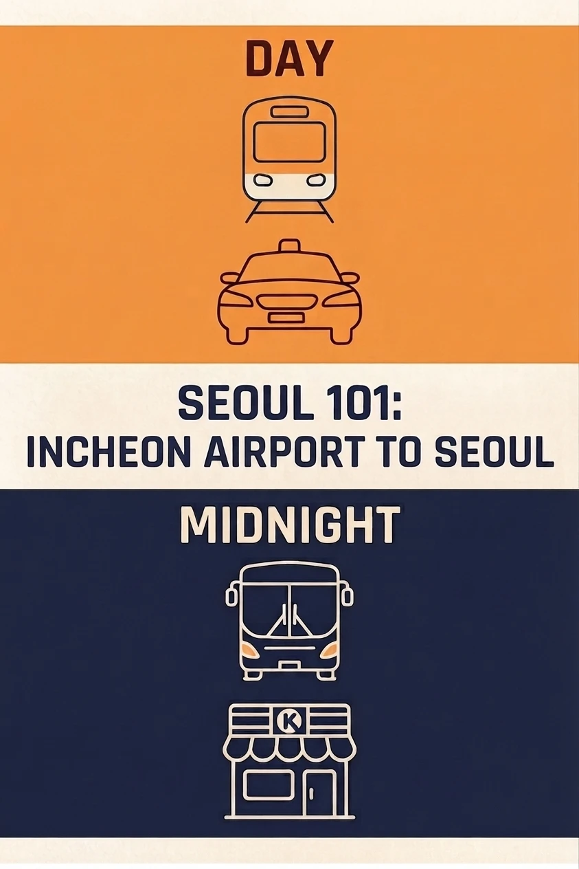 Seoul 101 guide comparing the best ways to get from Incheon Airport to Seoul during the day and after midnight, including train, taxi, and night bus options.