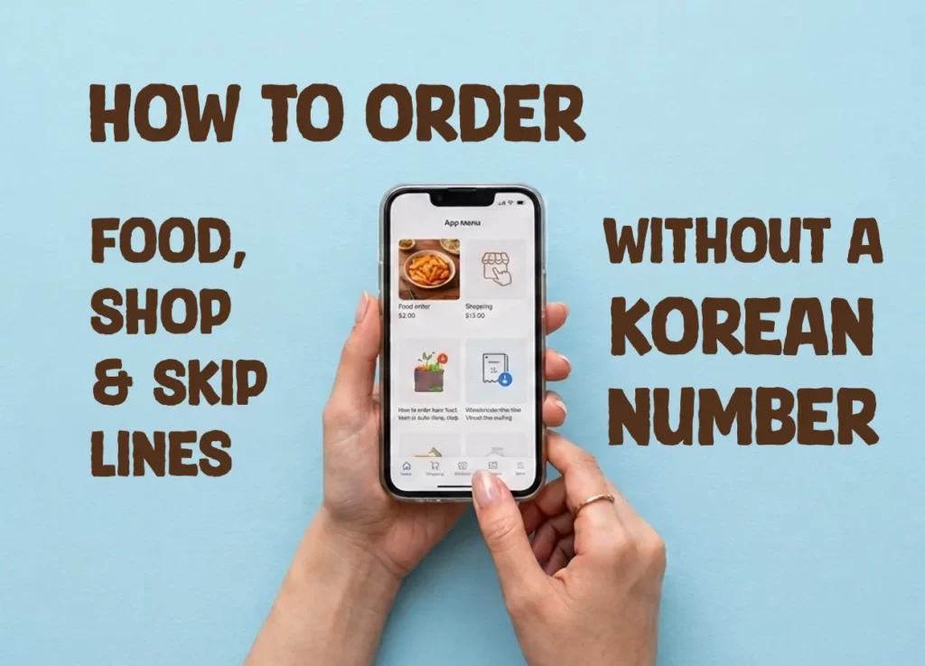 A hand holding a smartphone on a light blue background displaying a Korea app guide interface with text reading "HOW TO ORDER FOOD, SHOP & SKIP LINES WITHOUT A KOREAN NUMBER" for Korea food delivery app usage and Olive Young tips.