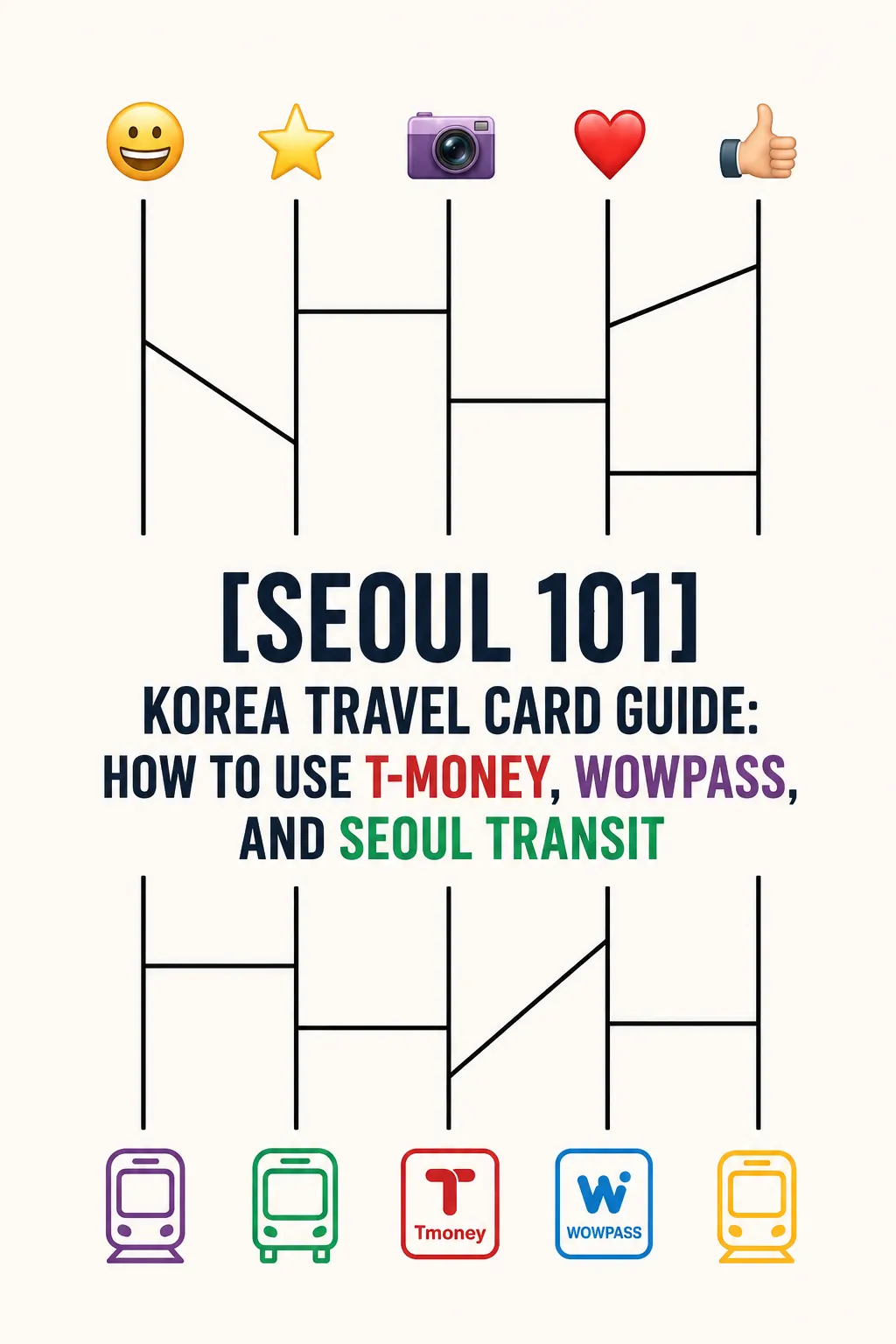 An infographic-style featured image for a Korea travel card guide, visually illustrating the choices between T-money, WOWPASS, and Seoul transit. It includes emojis like a smile, star, and camera, leading down a stylized ladder to the Tmoney and WOWPASS logos and train icons.