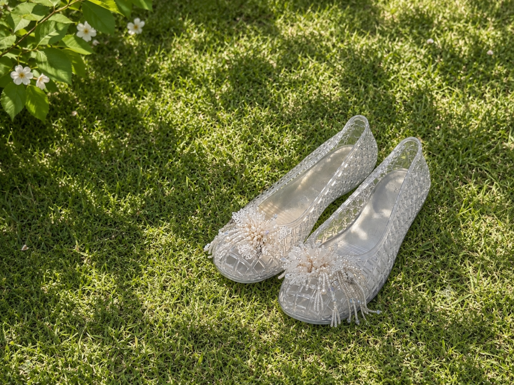 DIY jelly shoes Seoul with elegant Korean shoe charms on clear jelly flats displayed on green grass, inspired by Dongdaemun Market. Discover Korean shoe charms shop finds and Dongdaemun Market shoe charms for customizing trendy summer jelly shoes.
