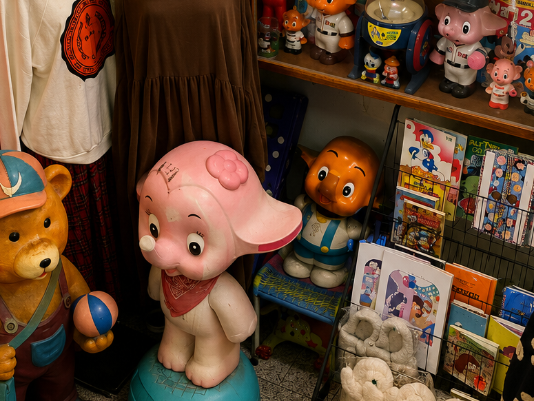 Mangwon select shop in Seoul filled with colorful retro toys, vintage collectibles, cute accessories, plush items, and secondhand clothing, showcasing the quirky shopping experience in Mangwon-dong.