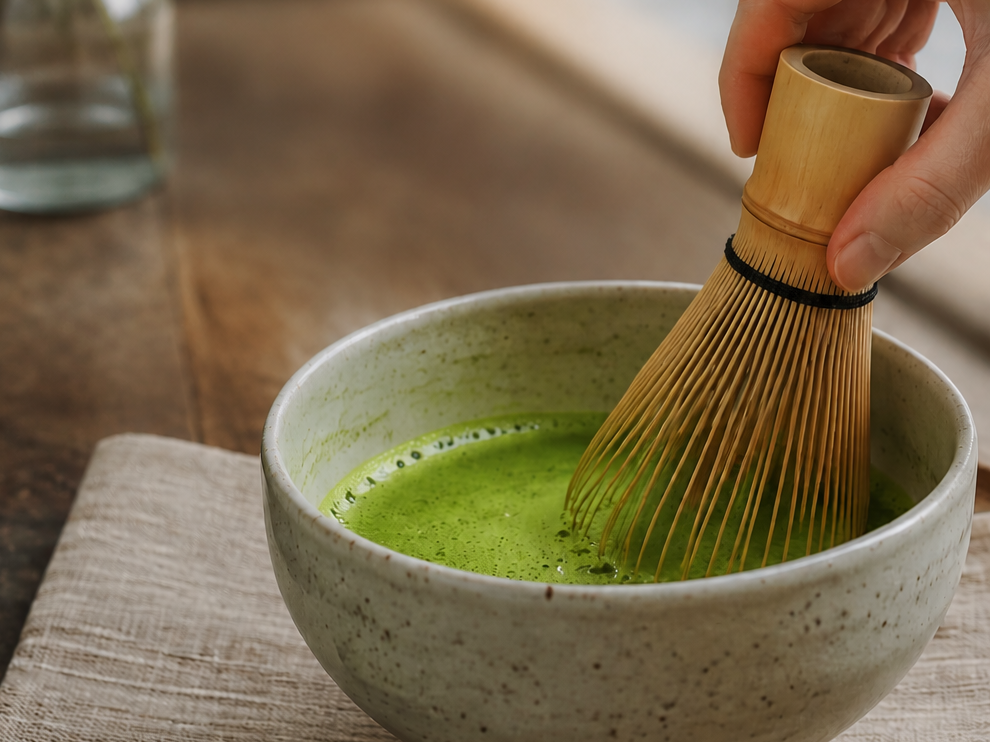 A hand whisking green matcha tea in a ceramic bowl with a bamboo chasen at one of the best matcha spots in Yeonnam.