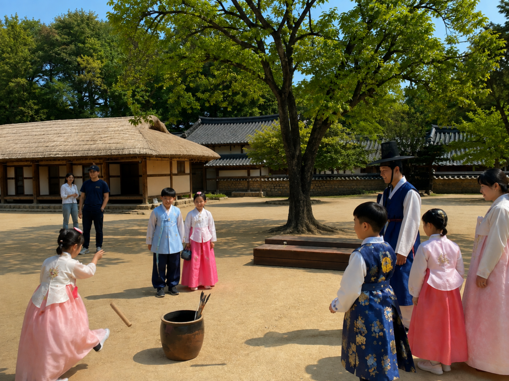 People wearing traditional Korean hanbok playing tuho (arrow toss game) outdoors in a courtyard during the Chuseok holiday in Seoul, with traditional thatched-roof and tiled-roof houses in the background.