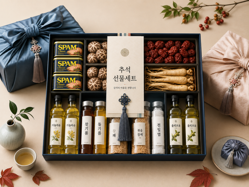An open luxury Korean Chuseok food gift set box filled with Spam cans, dried mushrooms, jujubes, ginseng, cooking oils, and traditional seasonings, wrapped with beautiful fabric wrapping cloth on the side.