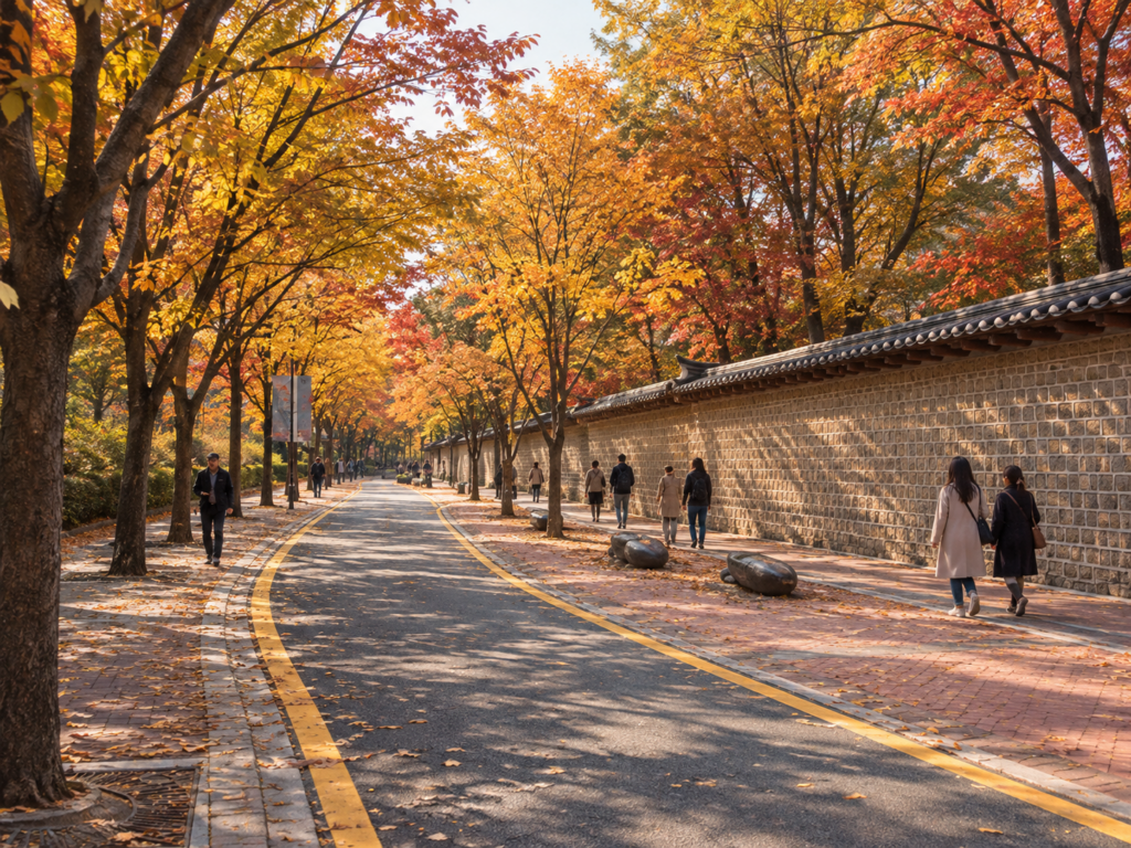 Autumn scenery along the Deoksugung Palace stone-wall road in Seoul, with colorful fall foliage, a traditional palace wall, and a quiet tree-lined street.